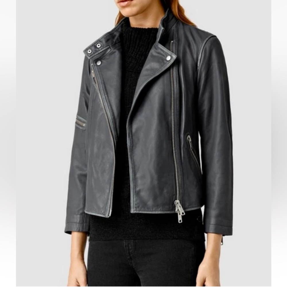 Allsaints Women Mast Distressed Leather Biker Jacket dark Grey black  Size 0
